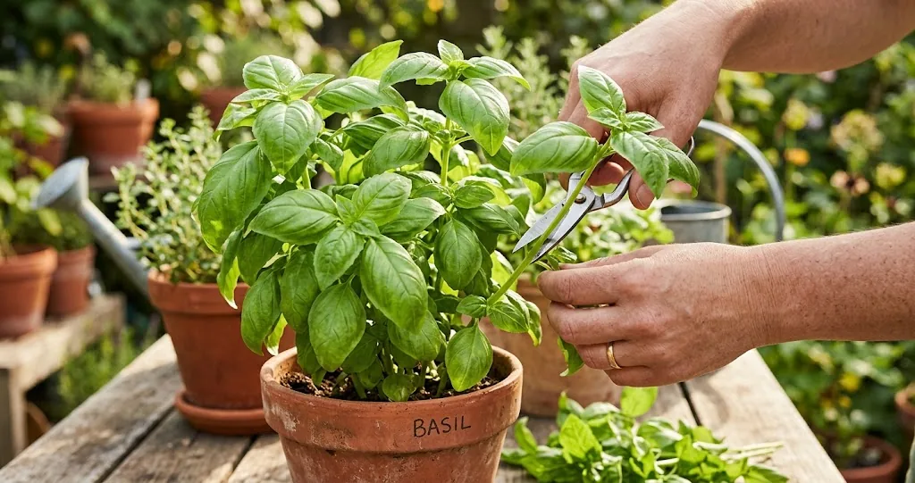 Clean herb snips cutting a basil stem above a pair of leaves on a healthy potted plant