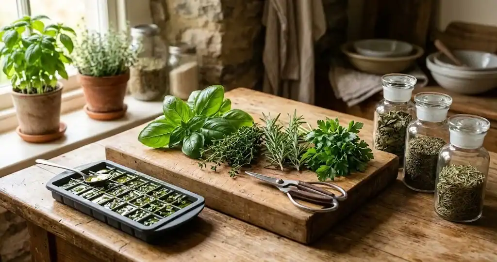 Diverse culinary herb preservation methods including fresh bunches, dried jars, and frozen oil cubes on a wooden counter