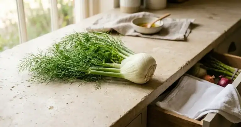 Fresh fennel bulb with green fronds beside a refrigerator crisper drawer