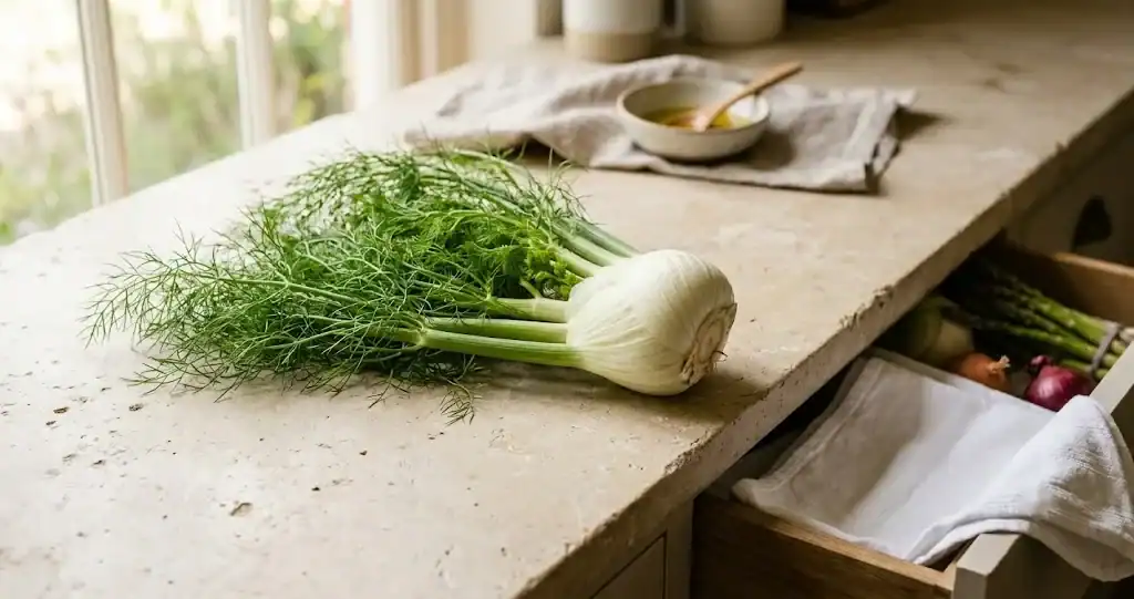 Fresh fennel bulb with green fronds beside a refrigerator crisper drawer