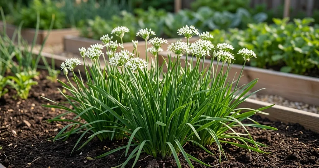 Vibrant garden bed with lush green garlic chives and starry white flower umbels in morning sunlight