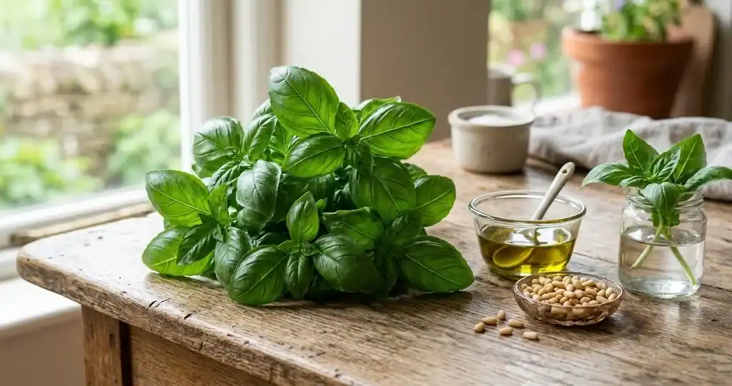 Fresh bunch of sweet basil with glossy leaves, olive oil, and pine nuts on a wooden table