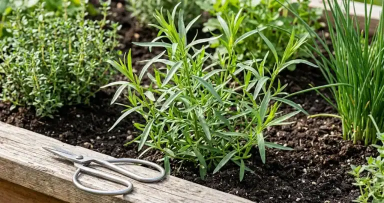 French tarragon plant thriving in a sunny garden bed with garden snips nearby