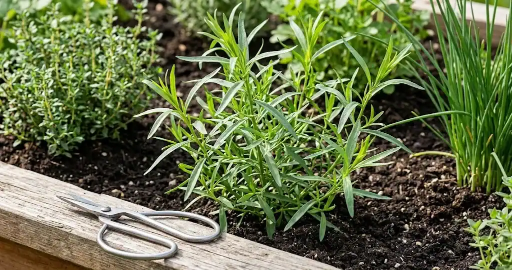 French tarragon plant thriving in a sunny garden bed with garden snips nearby