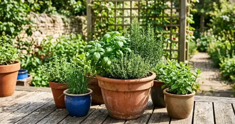Lush container herb garden with fresh potted basil, rosemary, and thyme on a sunny wooden patio