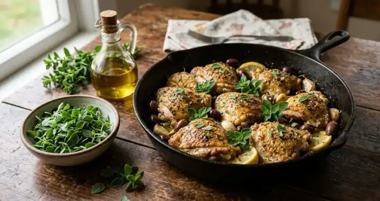 Skillet of Greek lemon oregano chicken with fresh oregano sprigs, garlic cloves, and olive oil