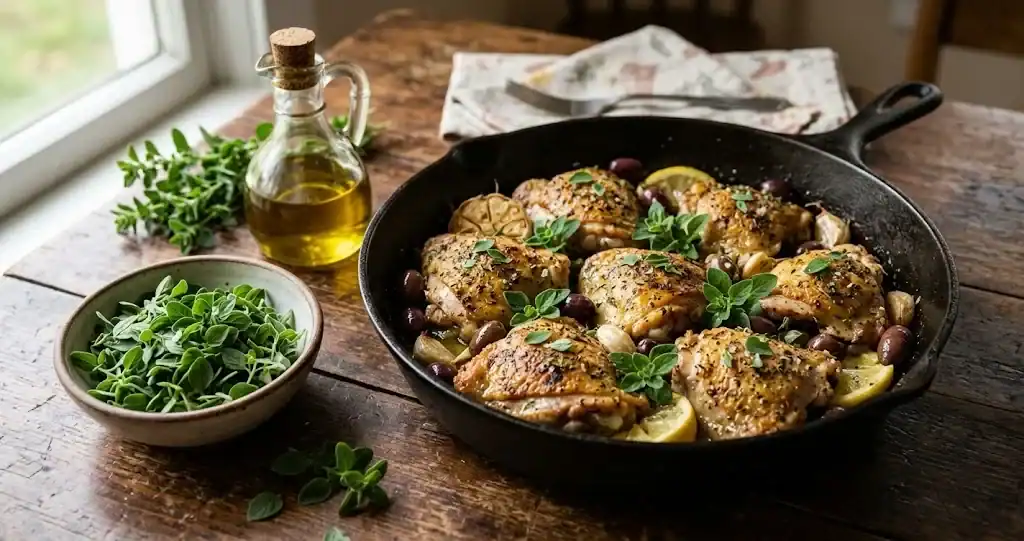 Skillet of Greek lemon oregano chicken with fresh oregano sprigs, garlic cloves, and olive oil