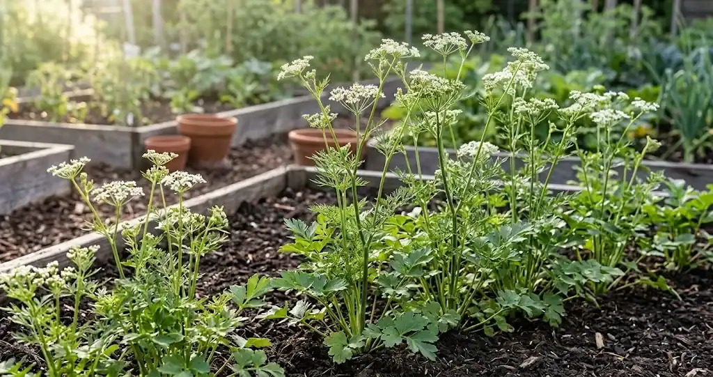 Flowering anise plants growing in a sunny garden bed with delicate white umbels and feathery foliage