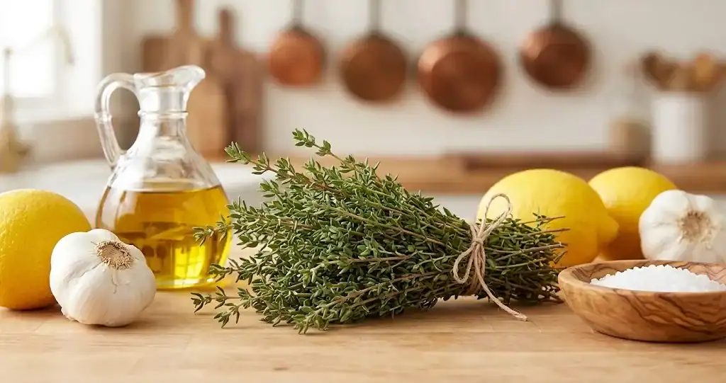 Fresh common thyme sprigs tied with twine beside lemons, garlic, and olive oil on a wooden prep table