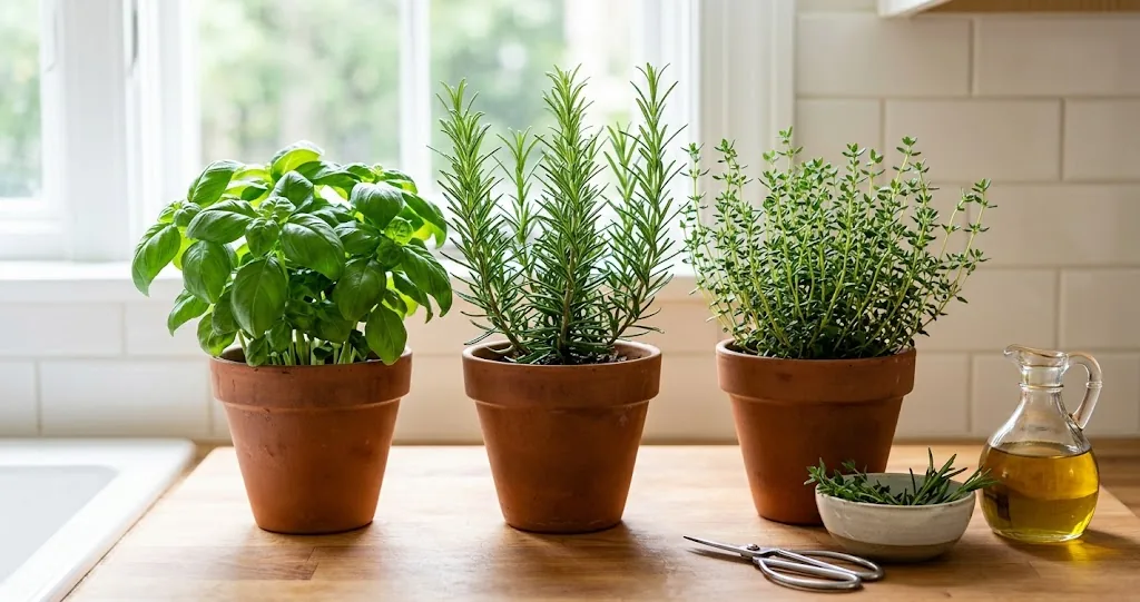 Collection of fresh potted culinary herbs including basil, rosemary, and thyme on a sunlit kitchen countertop