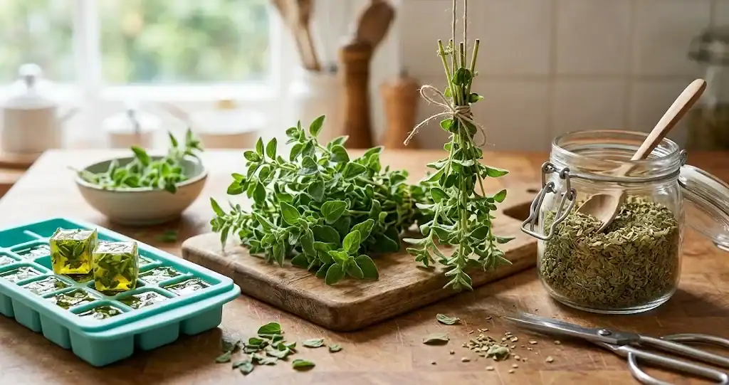 Fresh Greek oregano sprigs alongside a tied drying bundle, frozen olive oil herb cubes, and a glass jar of dried leaves