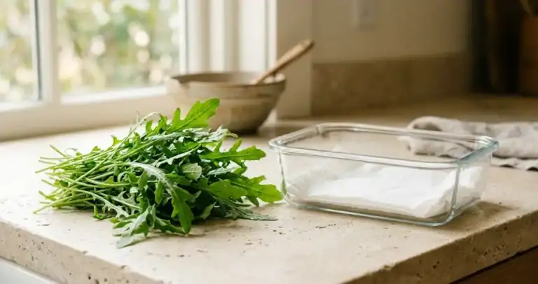 A bunch of fresh arugula on a pale counter beside a clear container lined with a dry paper towel