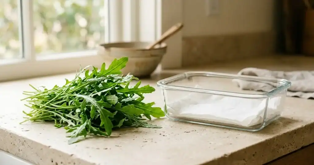 A bunch of fresh arugula on a pale counter beside a clear container lined with a dry paper towel