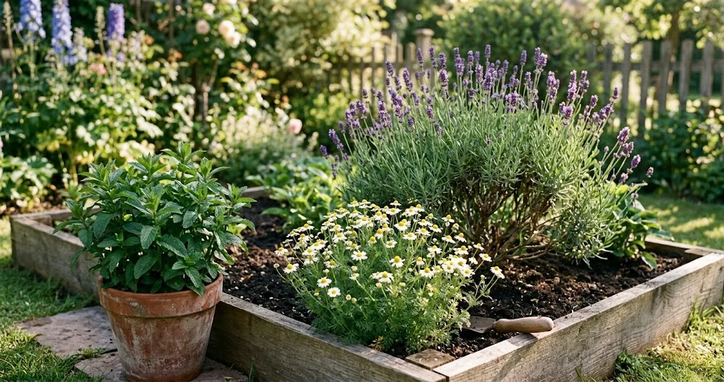A small raised bed with mixed tea herbs including a clump of mint in a terracotta pot, a mature lavender plant, and a chamomile in flower, photographed in soft morning side-light