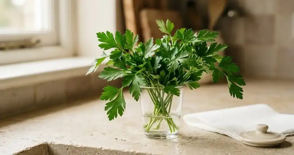Fresh flat-leaf parsley standing in a glass of water on a kitchen counter beside a paper towel