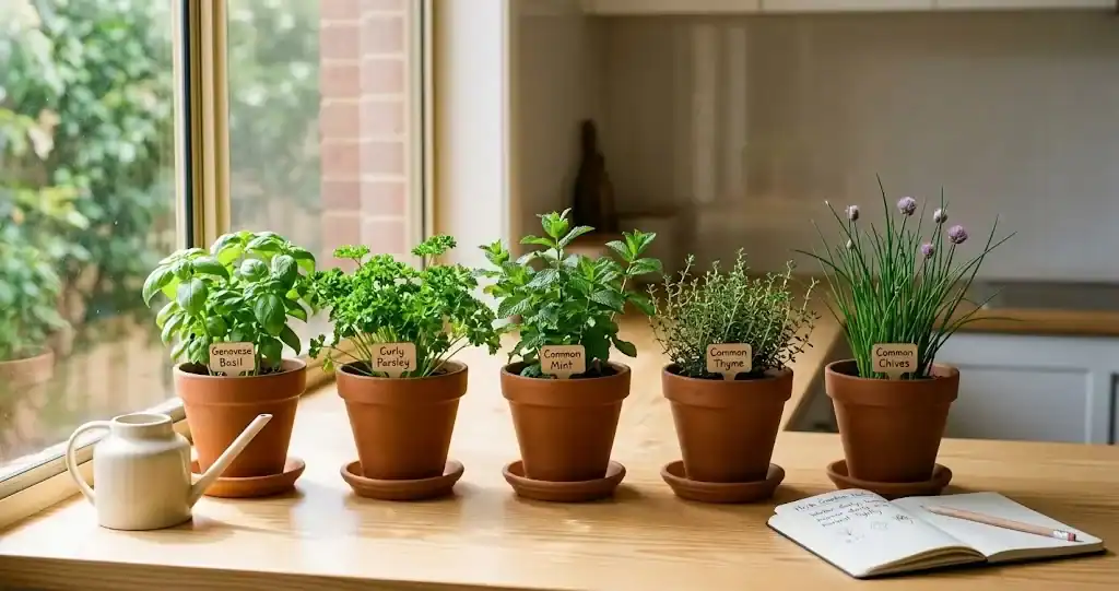 Five potted culinary herbs (basil, parsley, mint, thyme, chives) in terracotta pots on a sunny kitchen windowsill with a ceramic watering can
