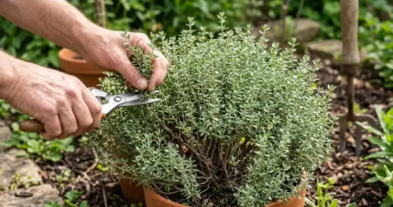 A bushy common thyme plant in a sunny kitchen garden with a hand cutting a sprig above a healthy leaf node