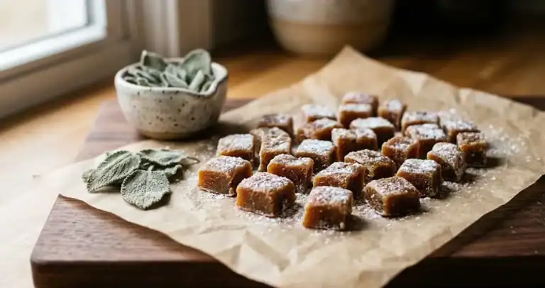 Finished homemade horehound candy cut into amber squares on parchment paper over a walnut board, with a pinch pot of dried horehound leaves