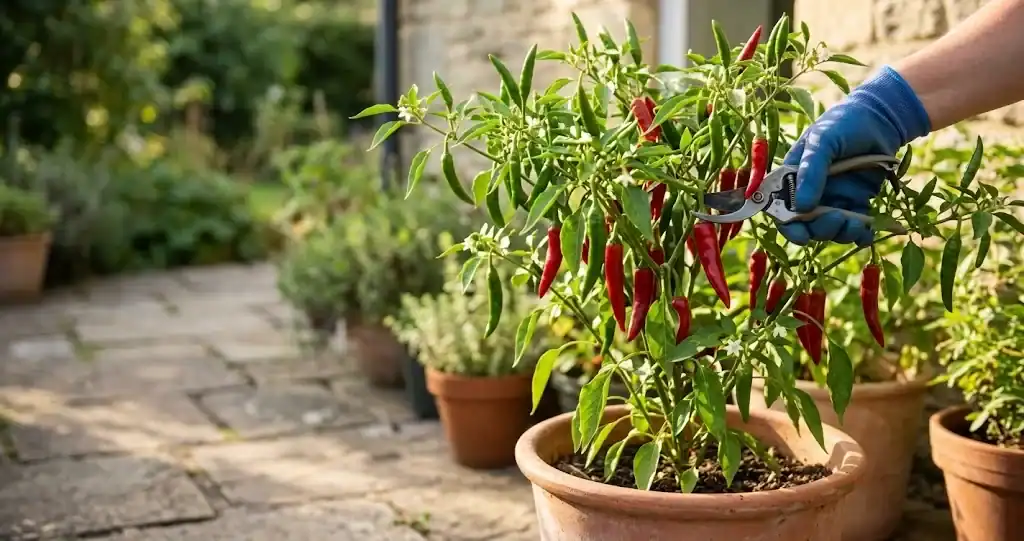 Healthy mature chili plant heavy with green and red peppers in a 5 gallon terracotta pot on a sunlit stone patio