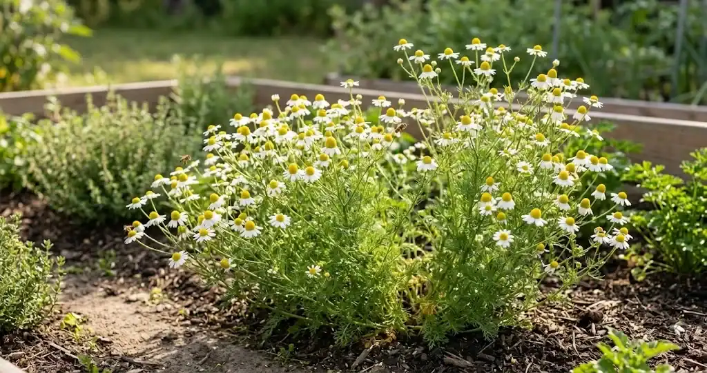 German chamomile in full bloom in a sunlit herb garden bed