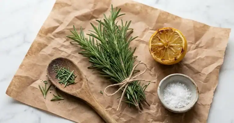 Fresh rosemary tied with kitchen twine beside lemon and flaky salt on butcher paper