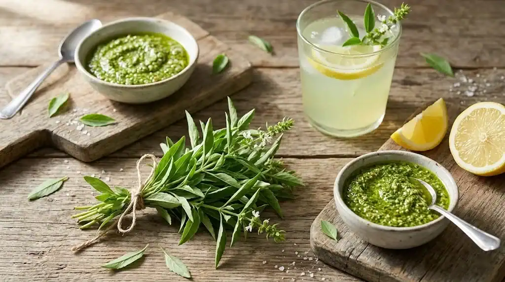 A bundle of fresh lemon basil on a rustic wooden table beside a bowl of green pesto, a glass of pale lemonade and a halved lemon