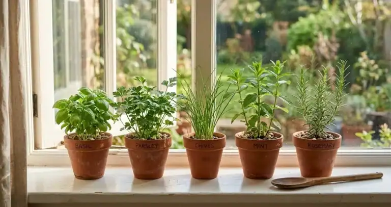 Five small terracotta pots of basil, parsley, chives, mint, and rosemary on a bright south-facing kitchen windowsill