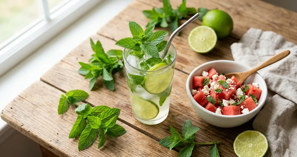 Overhead flat-lay of a glass of mint limeade, a bowl of cubed watermelon and crumbled feta with mint, fresh spearmint sprigs, and lime halves on a warm wooden table