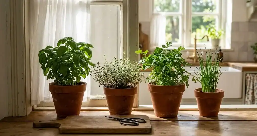 A bright kitchen scene with a small indoor herb garden of sweet basil, thyme, parsley, and chives on a sunny windowsill
