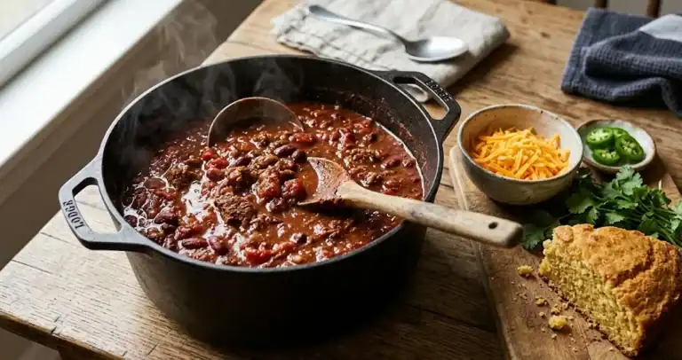 A heavy cast iron pot of beef and bean chili on a wooden table with a small bowl of shredded cheddar and a wedge of cornbread beside it
