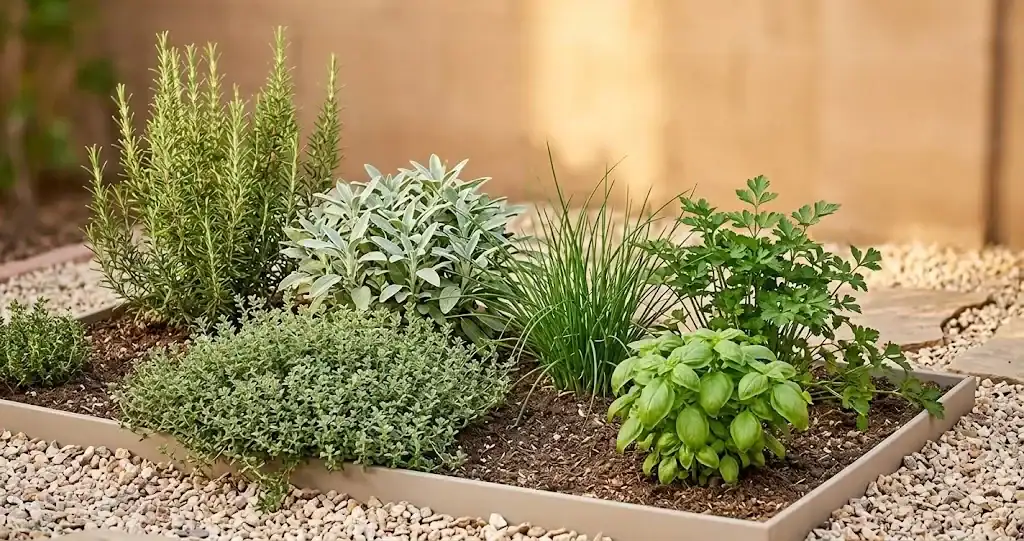 A small sunny home herb garden bed with rosemary, sage, thyme, chives, parsley, and basil grouped together in front of a kitchen window