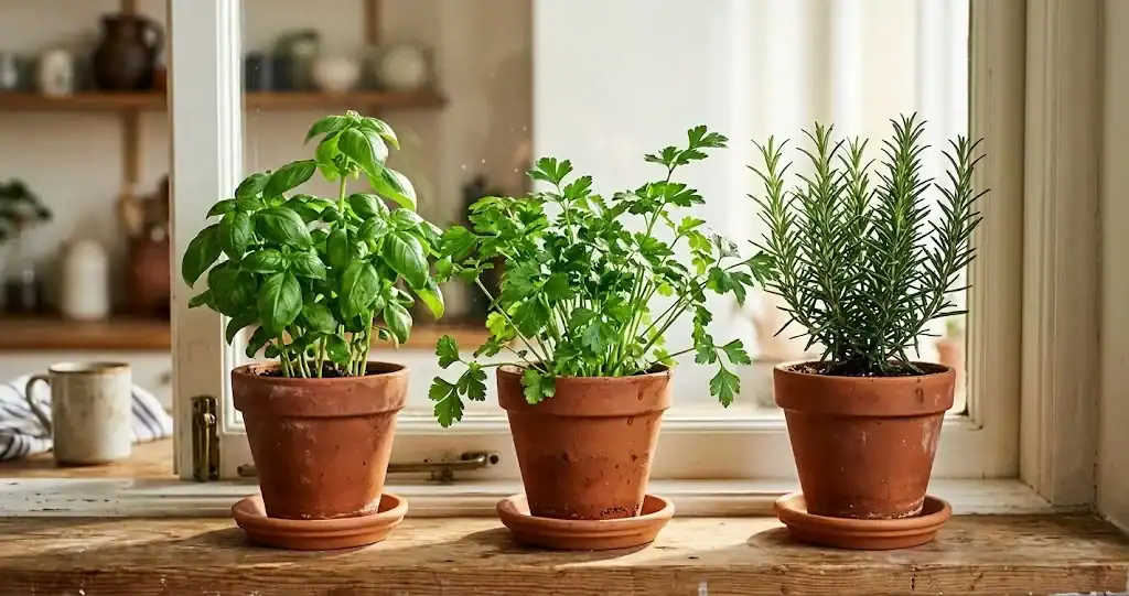 Three terracotta herb pots on a sunny apartment windowsill with sweet basil flat-leaf parsley and rosemary in a row