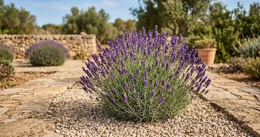A mature English lavender plant in full bloom beside a stone path on a sunny morning