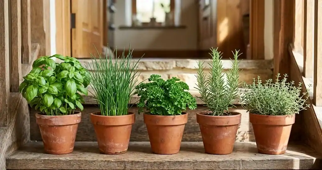 A row of five terracotta pots on a sunny wooden kitchen step, holding basil, chives, parsley, rosemary, and thyme in late morning light
