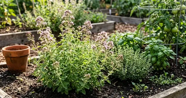 Flowering oregano in the foreground with thyme, basil, and a tomato cage in the same kitchen garden bed