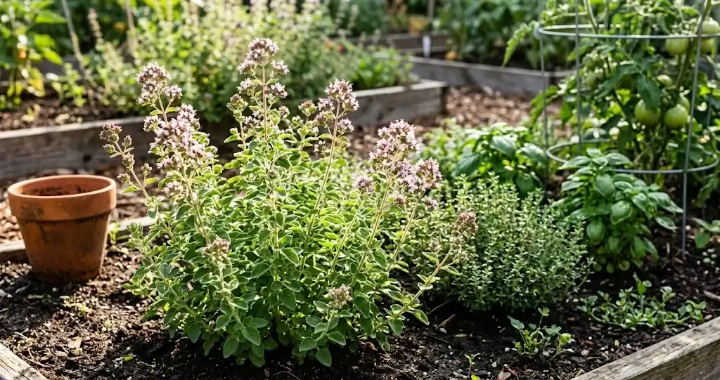 Flowering oregano in the foreground with thyme, basil, and a tomato cage in the same kitchen garden bed