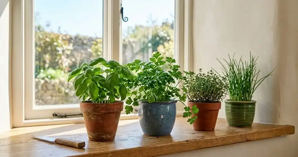 A sunny kitchen windowsill with terracotta and glazed ceramic planters holding basil, parsley, thyme, and chive in morning light