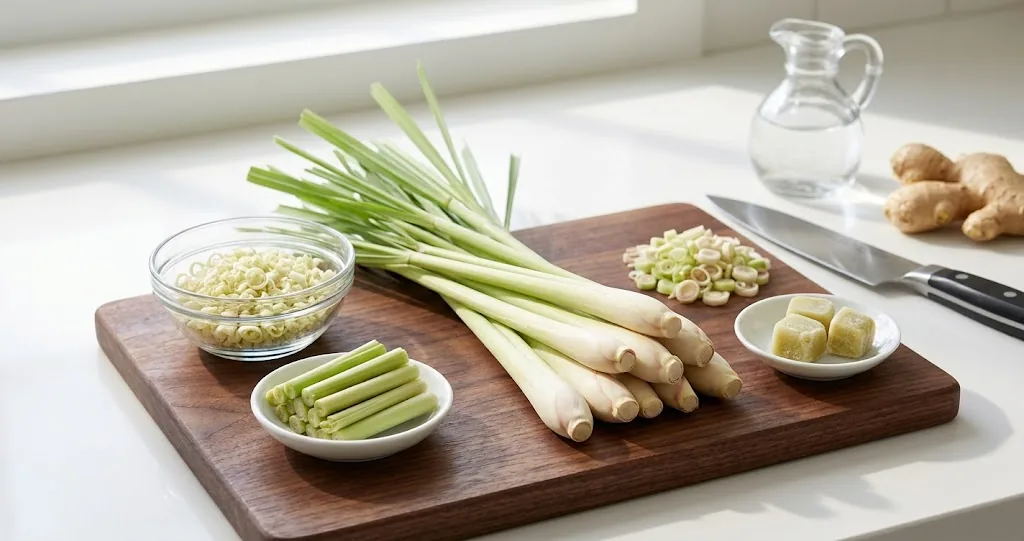 Fresh and frozen culinary lemongrass stalks with minced rings and paste cubes on a kitchen countertop
