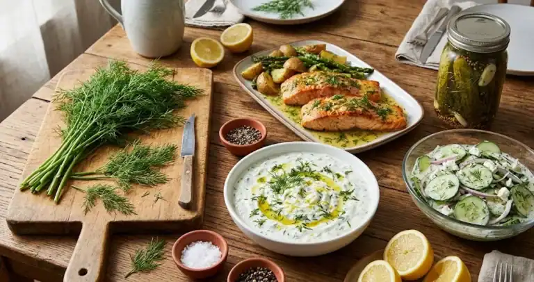 A rustic culinary tabletop spread with dishes prepared using fresh dill, including creamy tzatziki, pan-seared salmon, crisp cucumber salad, and pickled cucumbers