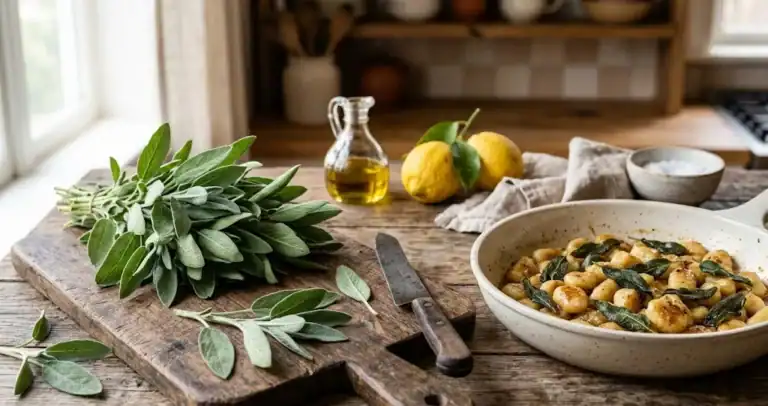 Fresh culinary garden sage sprigs on a prep board with kitchen knife and brown butter pasta