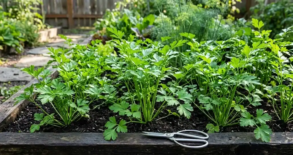 A lush garden bed of Italian flat-leaf parsley in morning sunlight with clean garden snips