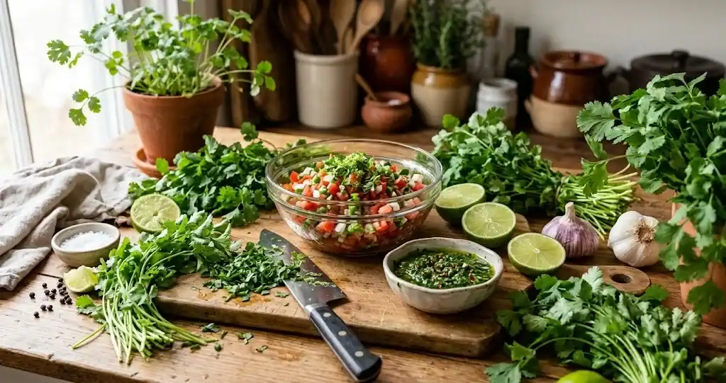 Fresh cilantro recipe prep table with bowls of homemade pico de gallo, green chimichurri, fresh cilantro bunches, and sliced limes