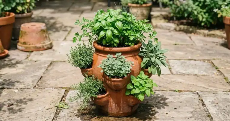 A tall terracotta strawberry pot freshly planted with culinary herbs on a sunlit stone patio