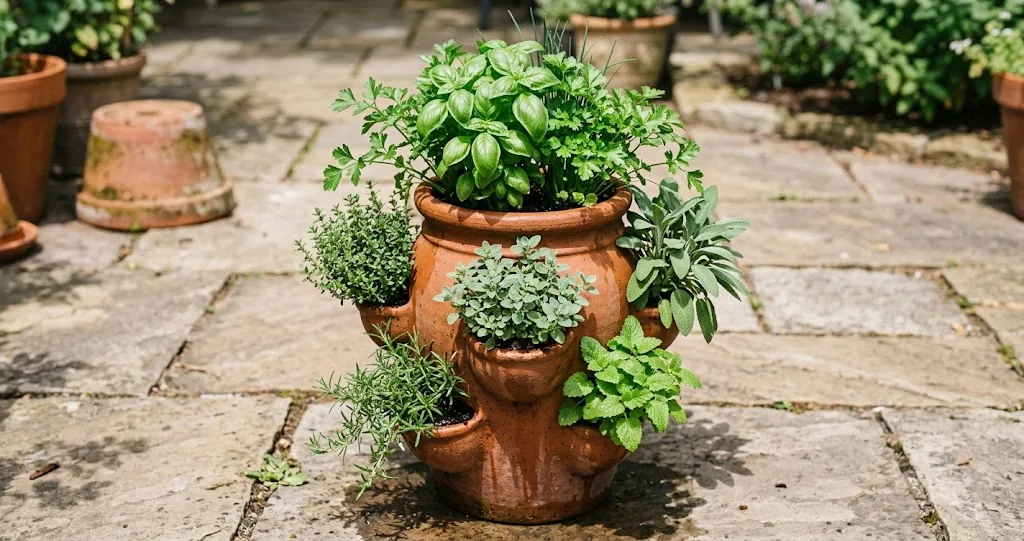 A tall terracotta strawberry pot freshly planted with culinary herbs on a sunlit stone patio