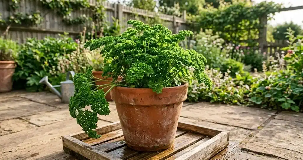 A lush parsley plant in a deep terracotta pot on a sunny patio