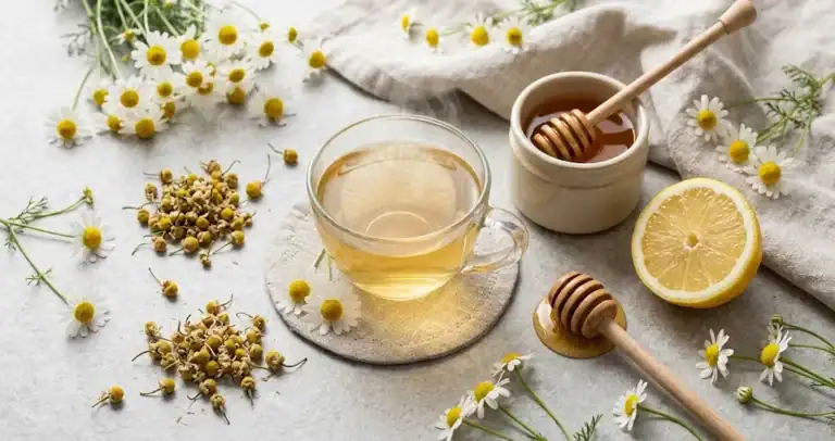 Fresh and dried chamomile flowers with a cup of chamomile tea and honey jar