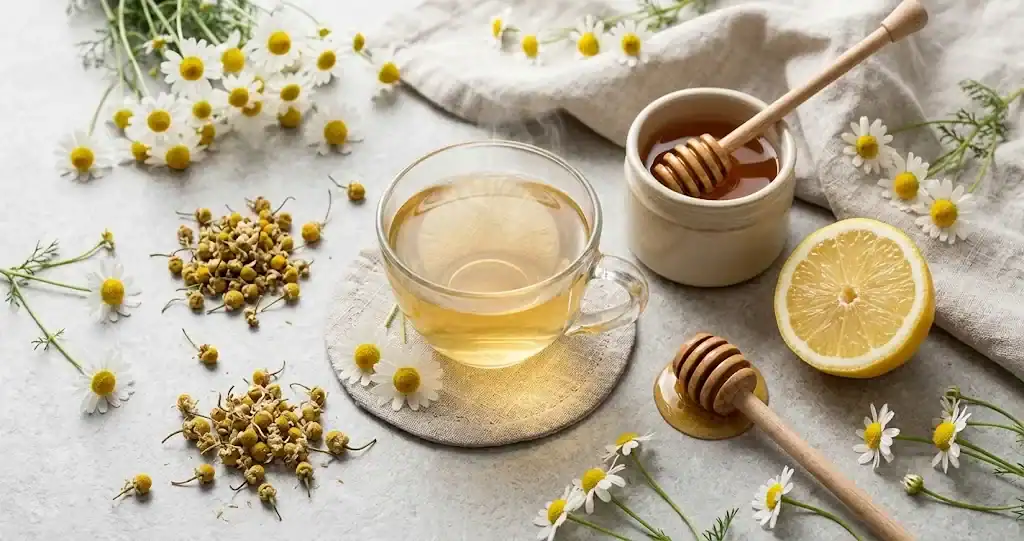 Fresh and dried chamomile flowers with a cup of chamomile tea and honey jar