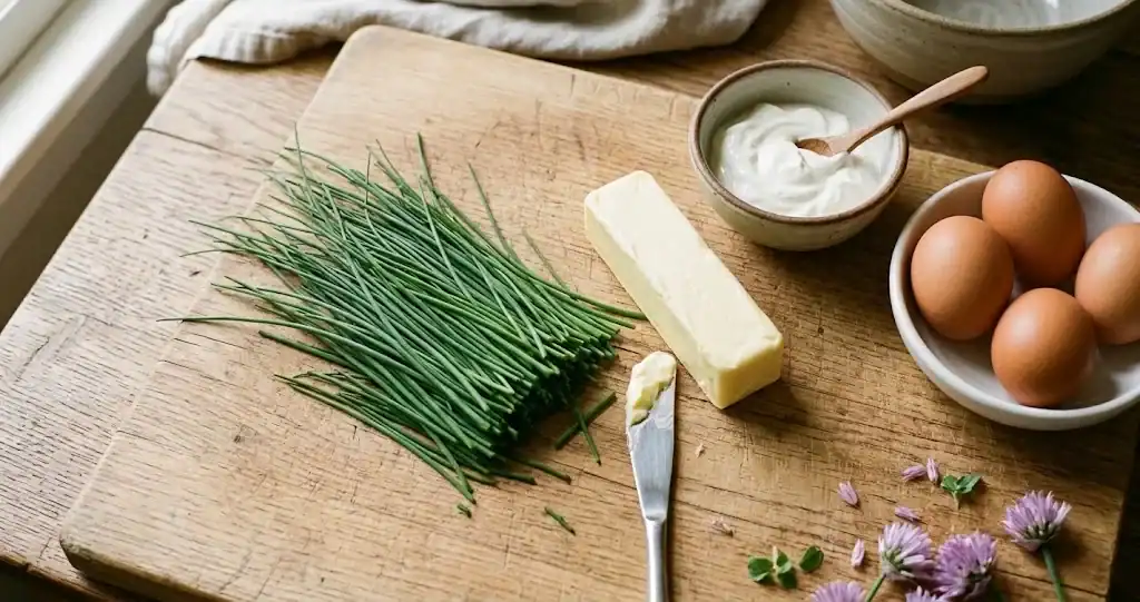 A generous pile of just-cut chives beside a stick of softened butter, a small bowl of sour cream, and a few eggs on a wooden cutting board