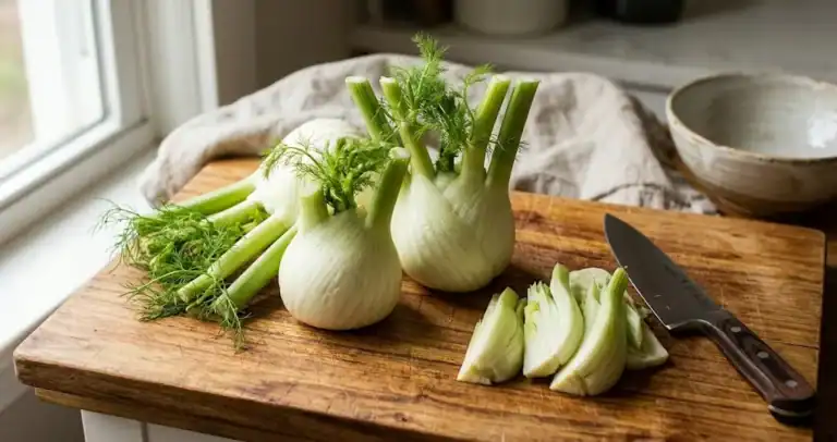 Two whole fennel bulbs with stalks and fronds on a wooden cutting board beside a chef's knife