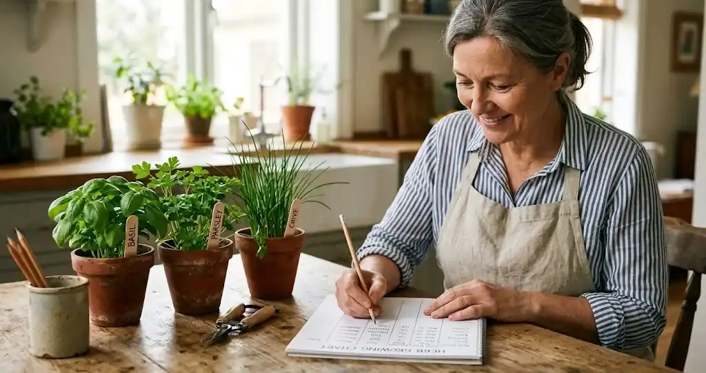 A home gardener filling out an herb growing chart at a kitchen table beside small pots of basil, parsley, and chive